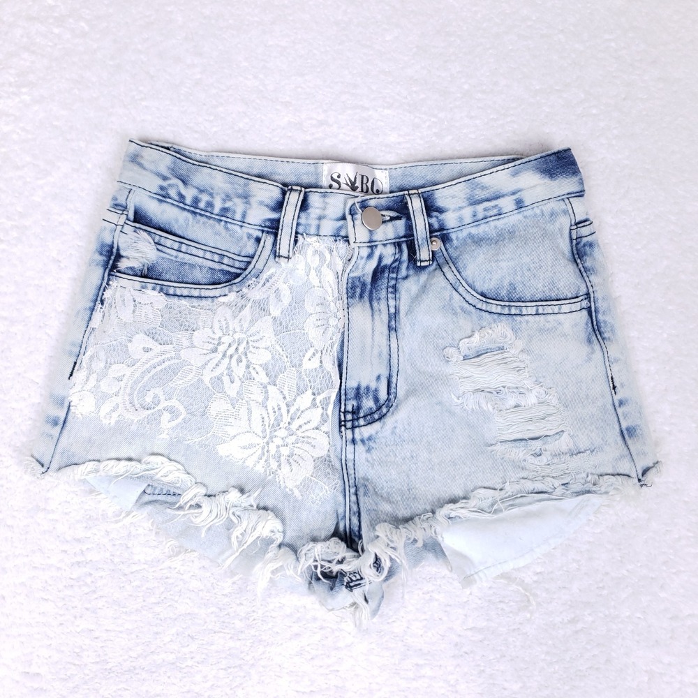 Sabo Skirt High Waist Denim Shorts - Light Blue and White
